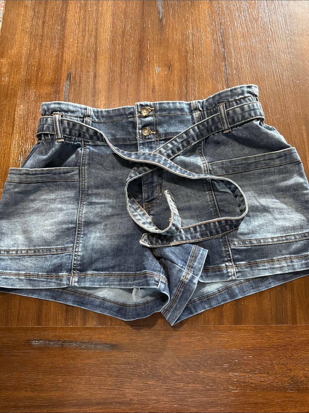 Women’s High-Waist Washed Denim Shorts with Belt - Blue